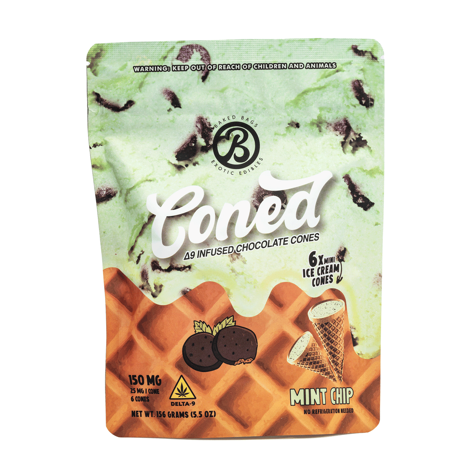 baked bags delta 9 thc coned mint chip 150 mg total delta 9 thc bag front.png baked bags delta 9 thc coned mint chip 150 mg total delta 9 thc bag front.png