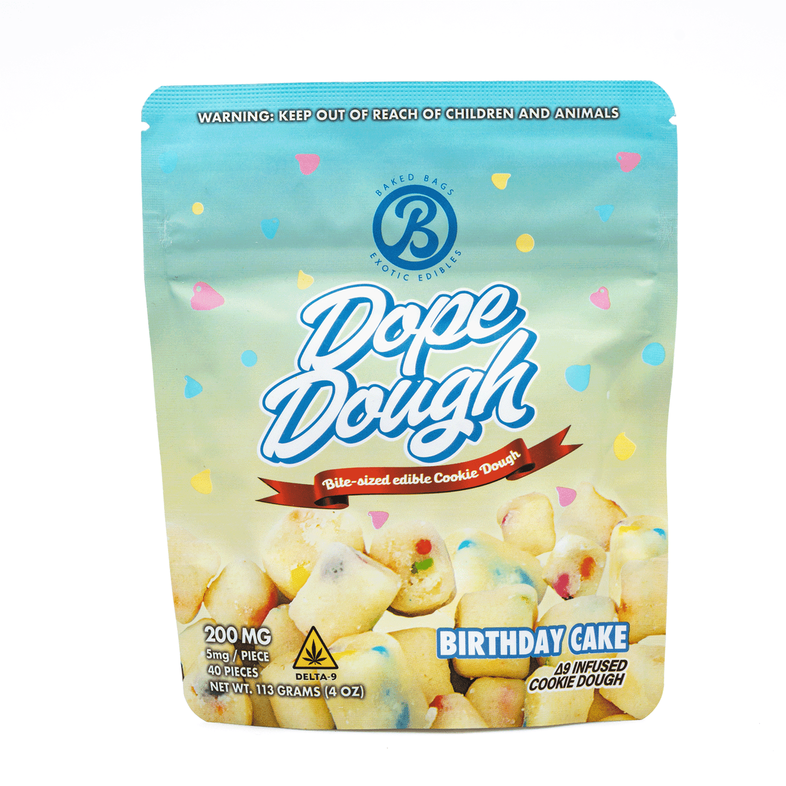 baked bags delta 9 thc dope dough birthday cake 200 mg total delta 9 thc bag front.png baked bags delta 9 thc dope dough birthday cake 200 mg total delta 9 thc bag front.png