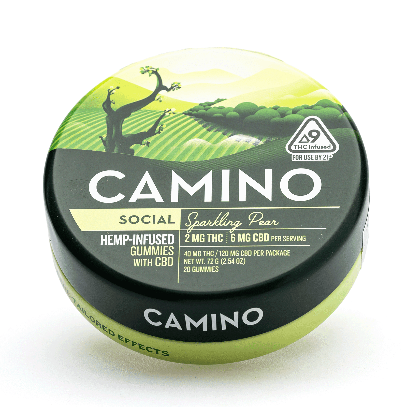 camino delta 9 and cbd social gummies sparkling pear 40 mg delta 9 thc 120 mg cbd total tin front.png camino delta 9 and cbd social gummies sparkling pear 40 mg delta 9 thc 120 mg cbd total tin front.png