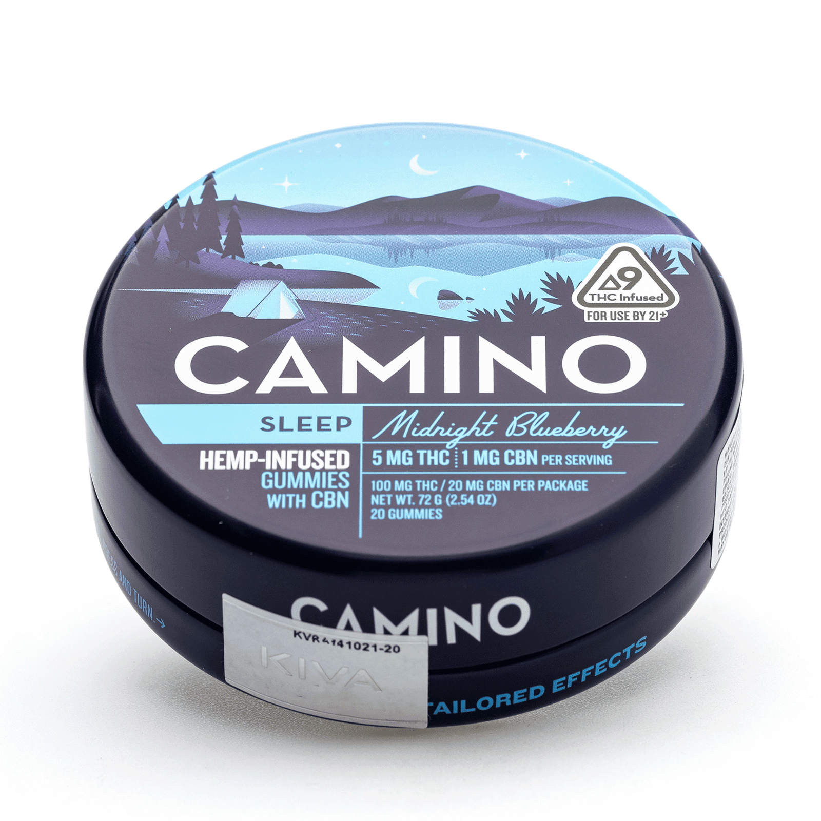 camino delta 9 and cbn sleep gummies midnight blueberry 100 mg delta 9 thc 20 mg cbn total tin front.png camino delta 9 and cbn sleep gummies midnight blueberry 100 mg delta 9 thc 20 mg cbn total tin front.png