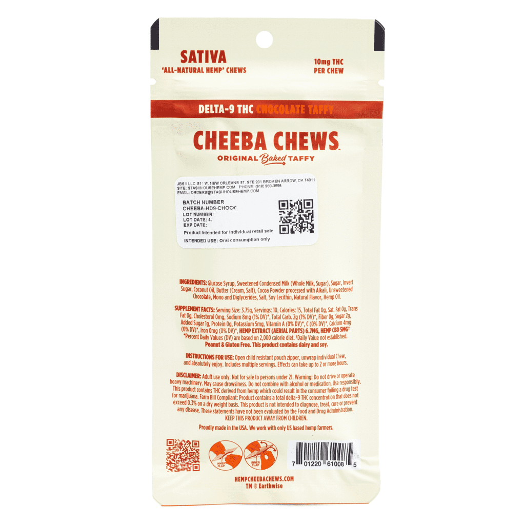 cheeba chews delta 9 chocolate taffy sativa 100 mg delta 9 thc total bag back.webp cheeba chews delta 9 chocolate taffy sativa 100 mg delta 9 thc total bag back.webp