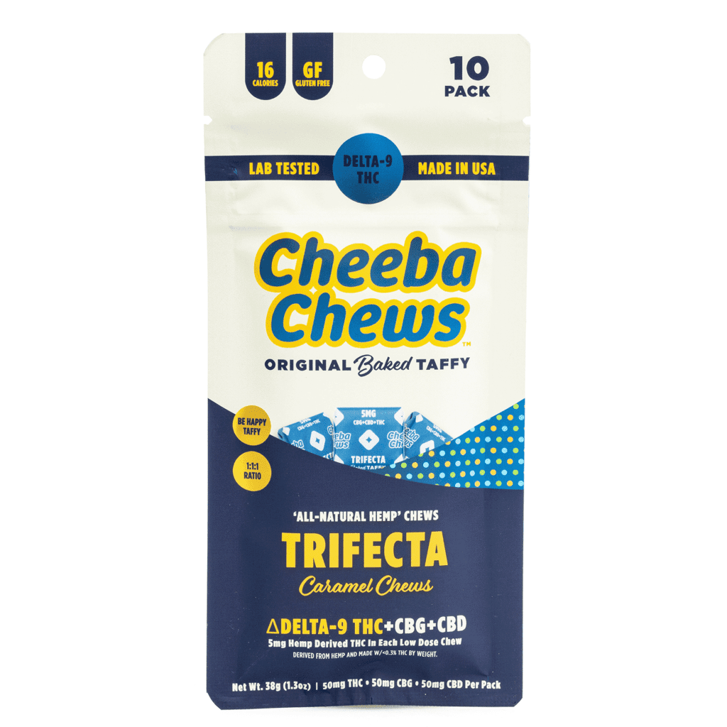 cheeba chews delta 9 and cbg and cbd caramel chews trifecta 50 mg total cannabinoids bag front.png cheeba chews delta 9 and cbg and cbd caramel chews trifecta 50 mg total cannabinoids bag front.png