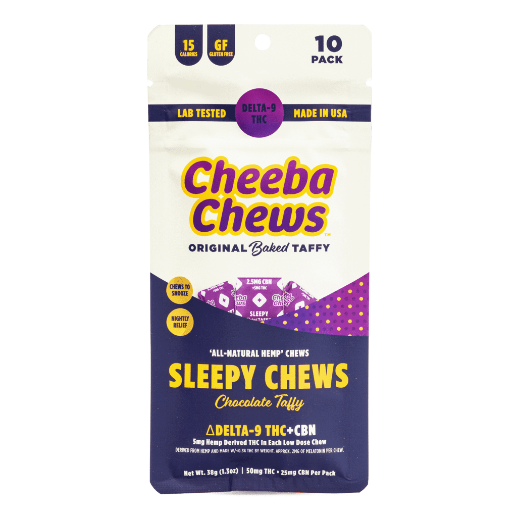 cheeba chews delta 9 and cbn chocolate taffy sleepy chew 50 mg total cannabinoids bag front.png cheeba chews delta 9 and cbn chocolate taffy sleepy chew 50 mg total cannabinoids bag front.png