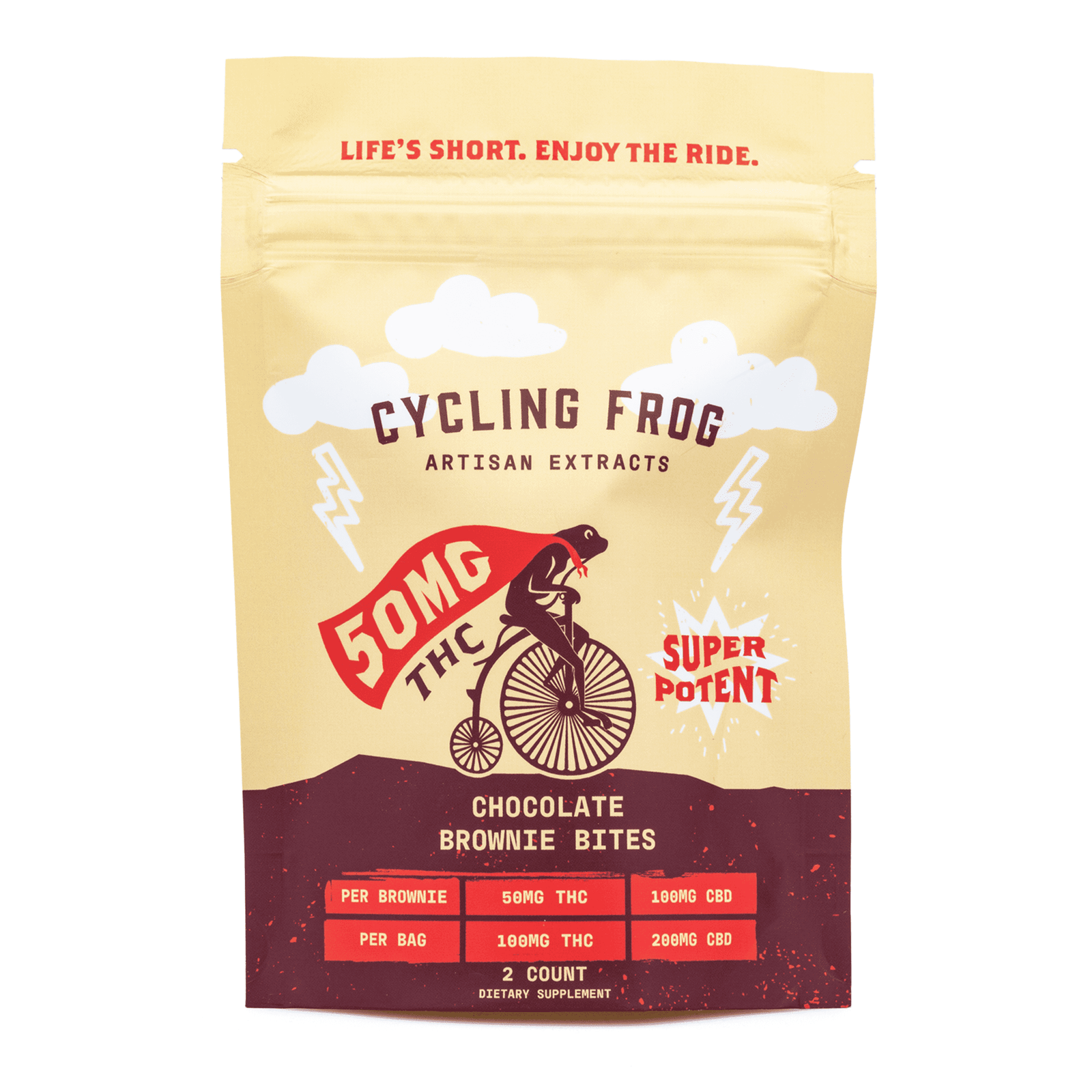 cycling frog thc cbd chocolate brownie bites 2 ct 100 mg delta 9 thc 200 mg cbd tot bag front.png cycling frog thc cbd chocolate brownie bites 2 ct 100 mg delta 9 thc 200 mg cbd tot bag front.png