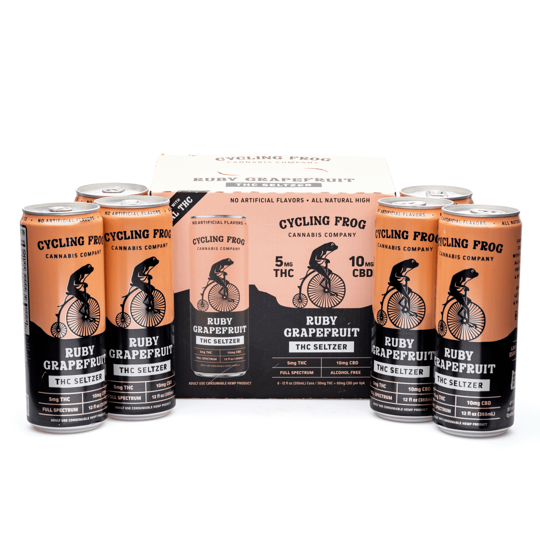 cycling frog thc cbd seltzer 6 pack ruby grapefruit can group scaled 1.webp cycling frog thc cbd seltzer 6 pack ruby grapefruit can group scaled 1.webp