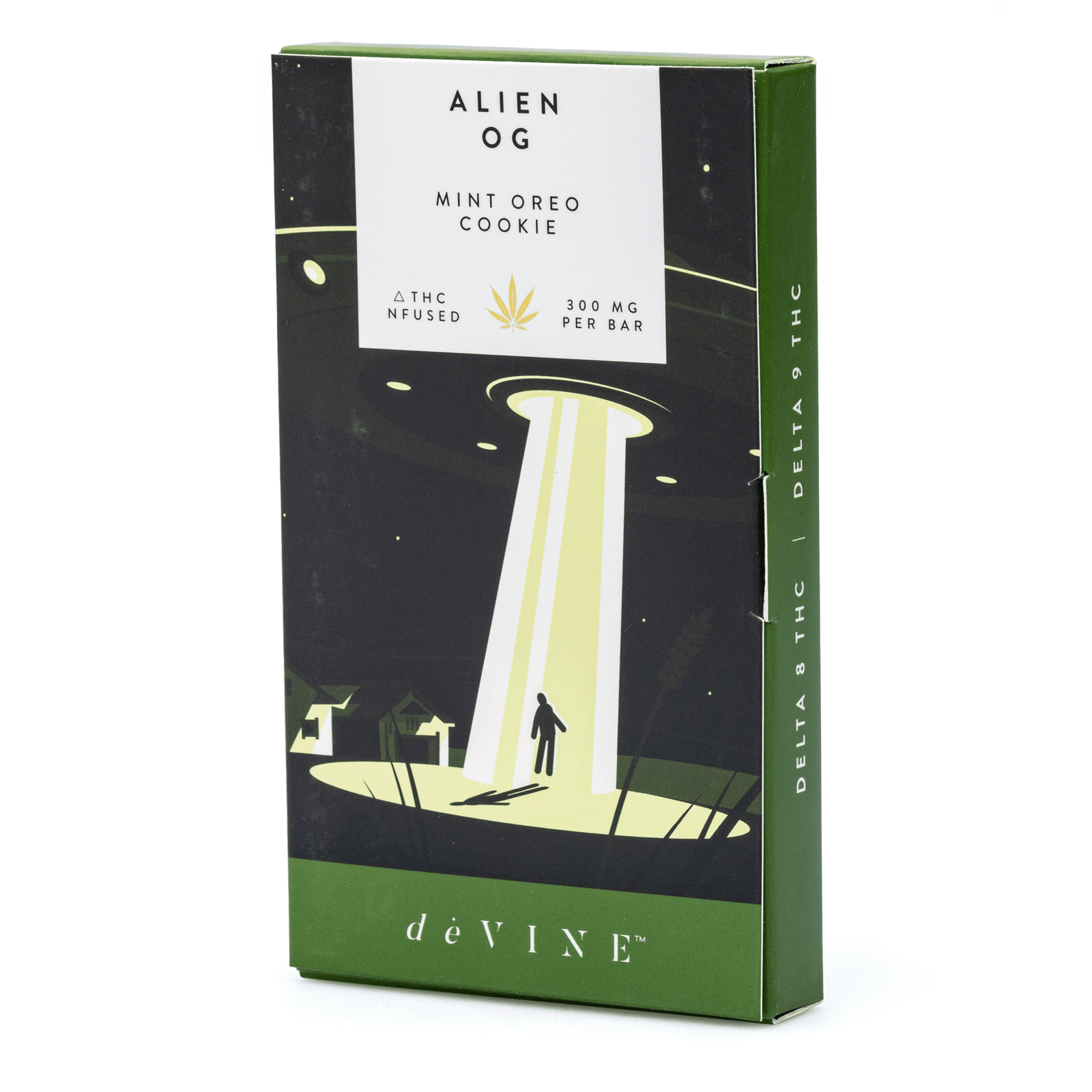 devine naturals delta 8 and delta 9 cannabis confections chocolate bar alien og 150 mg delta 8 thc box front.png devine naturals delta 8 and delta 9 cannabis confections chocolate bar alien og 150 mg delta 8 thc box front.png