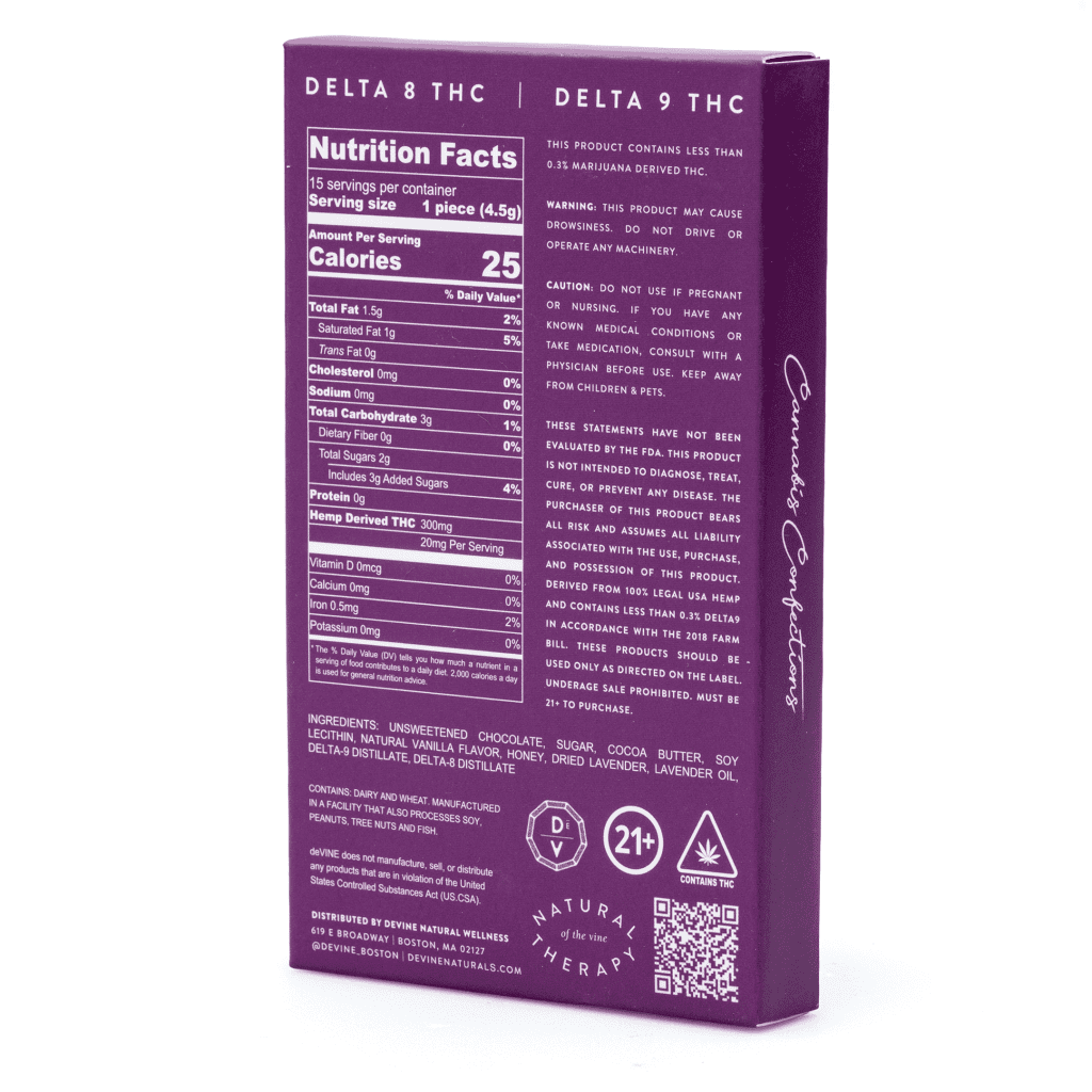 devine naturals delta 8 and delta 9 cannabis confections chocolate bar purple haze 150 mg delta 8 thc box back.png devine naturals delta 8 and delta 9 cannabis confections chocolate bar purple haze 150 mg delta 8 thc box back.png