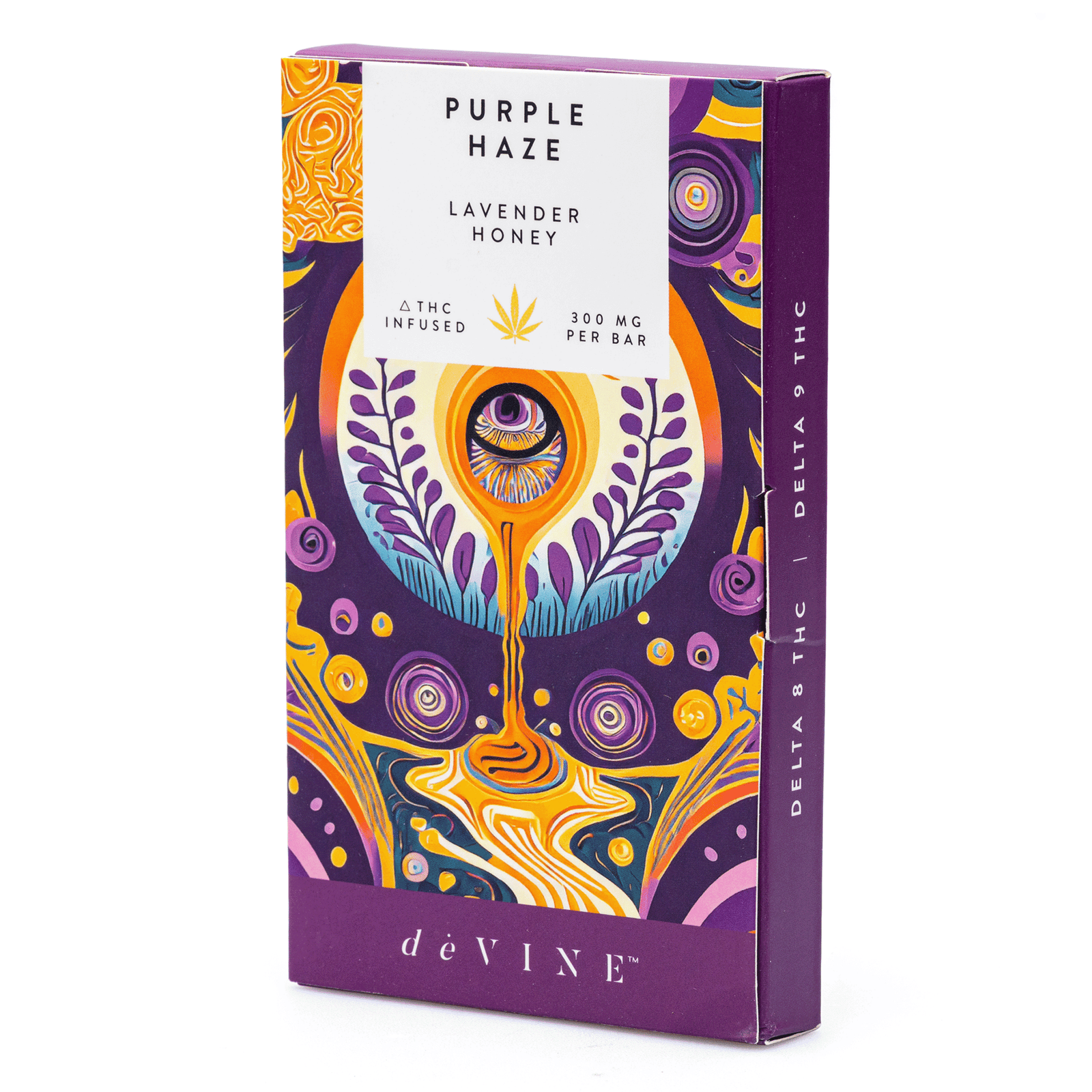 devine naturals delta 8 and delta 9 cannabis confections chocolate bar purple haze 150 mg delta 8 thc box front.png devine naturals delta 8 and delta 9 cannabis confections chocolate bar purple haze 150 mg delta 8 thc box front.png