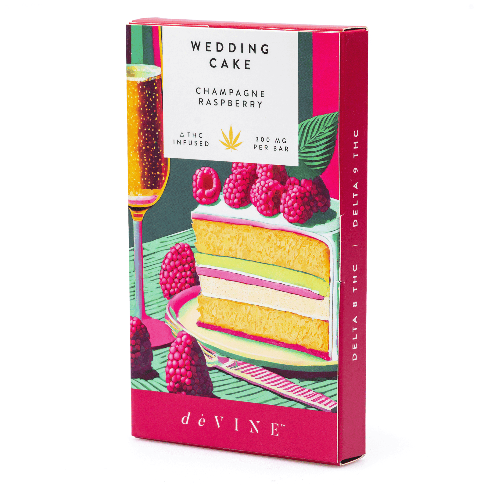 devine naturals delta 8 and delta 9 cannabis confections chocolate bar wedding cake 150 mg delta 8 thc box front.png devine naturals delta 8 and delta 9 cannabis confections chocolate bar wedding cake 150 mg delta 8 thc box front.png