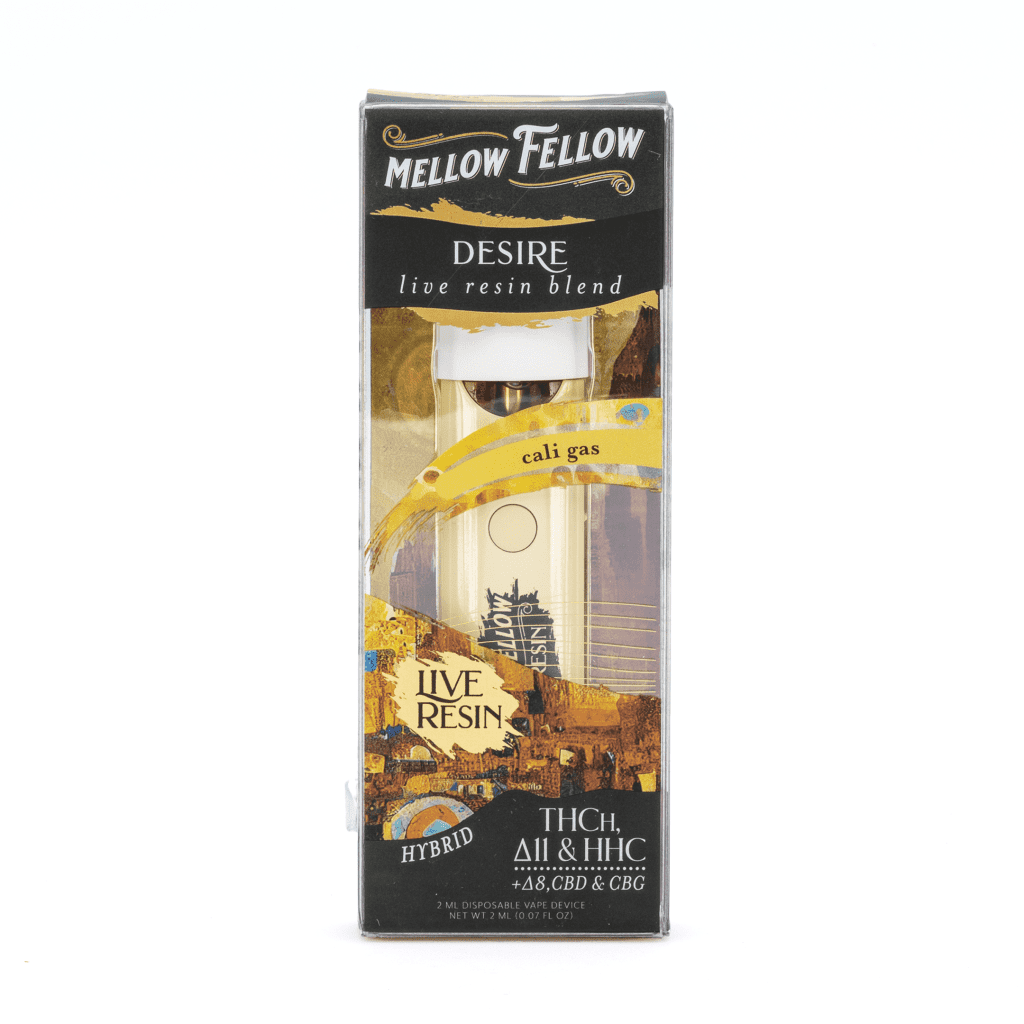 mellow fellow 2 gram desire blend live resin disposable vape cali gas box front.webp mellow fellow 2 gram desire blend live resin disposable vape cali gas box front.webp