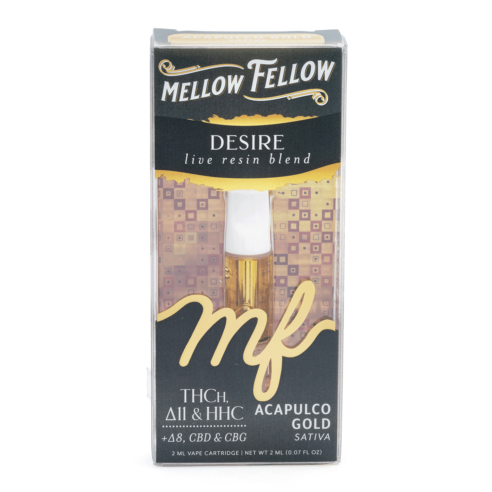 mellow fellow desire blend live resin vape cartridge acapulco gold box front.webp mellow fellow desire blend live resin vape cartridge acapulco gold box front.webp