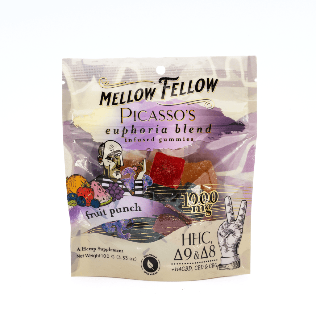 mellow fellow picassos euphoria blend m fusion gummies fruit punch 1000 mg total cannabinoids bag front.webp mellow fellow picassos euphoria blend m fusion gummies fruit punch 1000 mg total cannabinoids bag front.webp