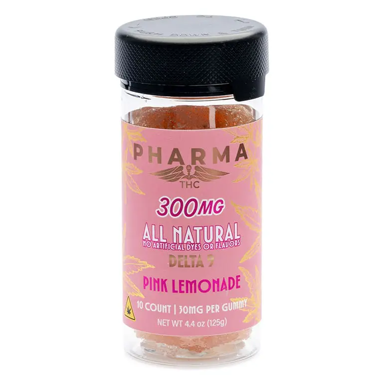 pharmathc delta 9 thc all natural gummies pink lemonade jar front.webp pharmathc delta 9 thc all natural gummies pink lemonade jar front.webp