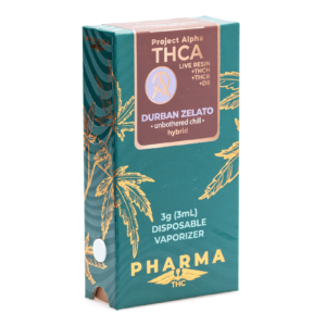pharmathc project alpha thca live resin disposable durban zelato 3 gram box front.webp