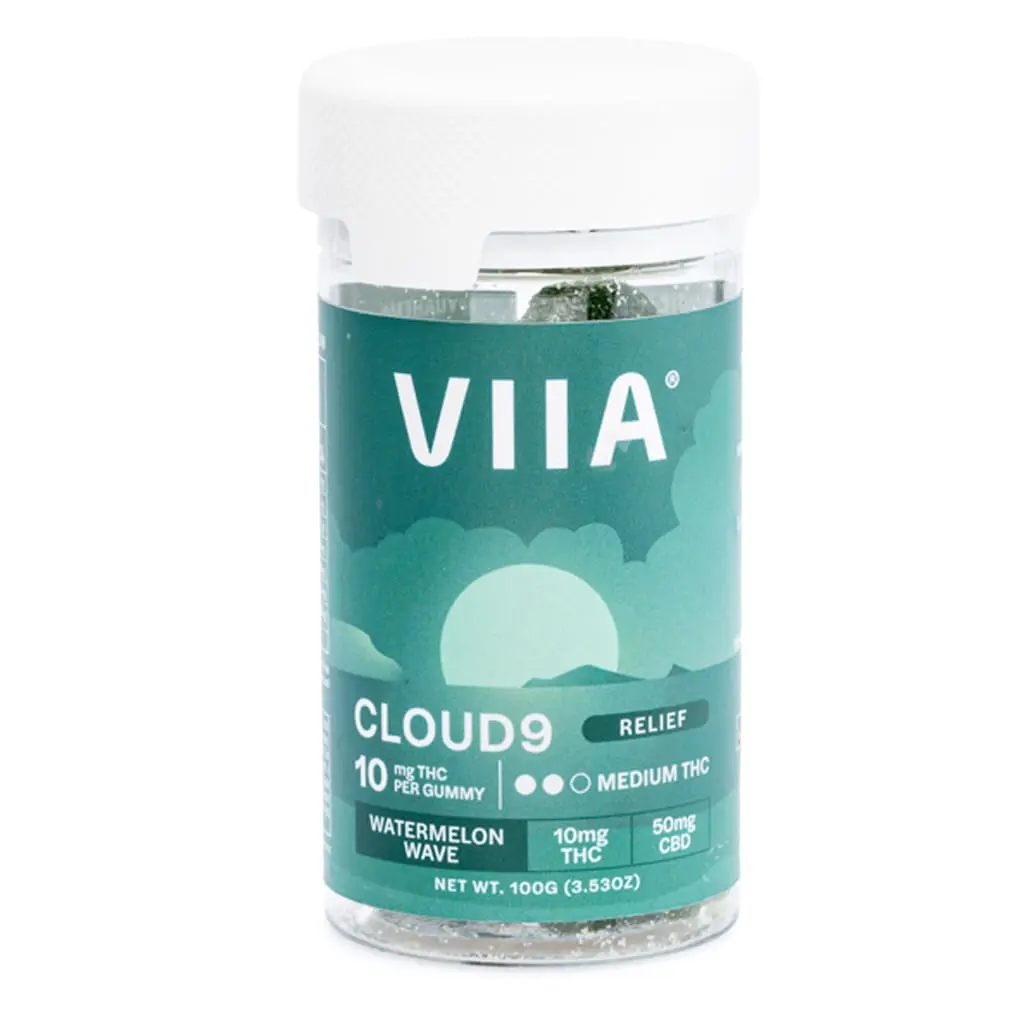 viia delta 9 and cbd cloud 9 relief gummies 10 mg thc jar front.webp viia delta 9 and cbd cloud 9 relief gummies 10 mg thc jar front.webp